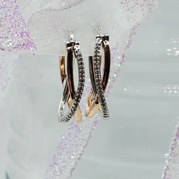 10K Rose Gold and Sterling Silver Pave Diamond Crossover Hoops - Picture 3 of 16